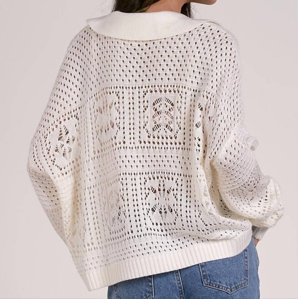 Elan Knit Open Collar Polo Sweater in Off White Size S - Picture 3 of 8